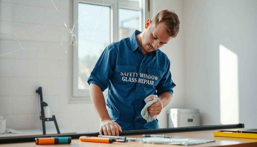 glass crack repair technician preparing damaged area